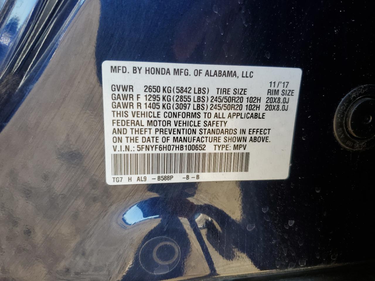 2017 Honda Pilot Elite VIN: 5FNYF6H07HB100652 Lot: 82751255