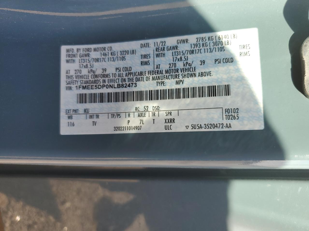 2022 Ford Bronco Base VIN: 1FMEE5DP0NLB82473 Lot: 87102695