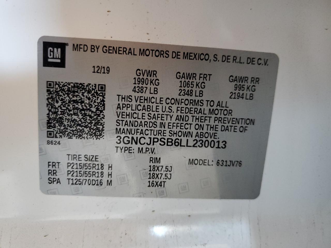 2020 Chevrolet Trax 1Lt VIN: 3GNCJPSB6LL230013 Lot: 86864985