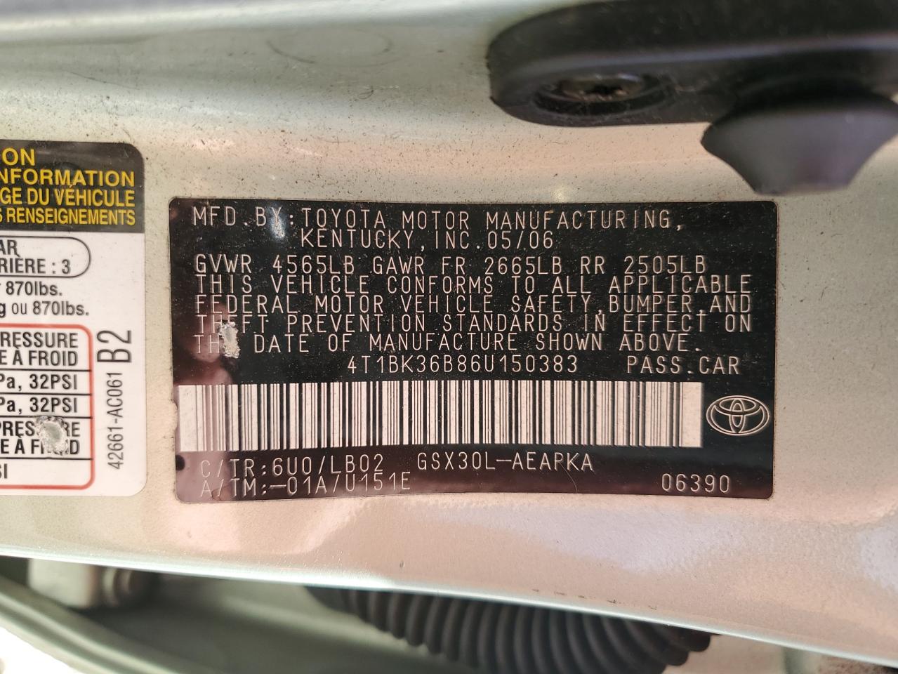 2006 Toyota Avalon Xl VIN: 4T1BK36B86U150383 Lot: 82417155