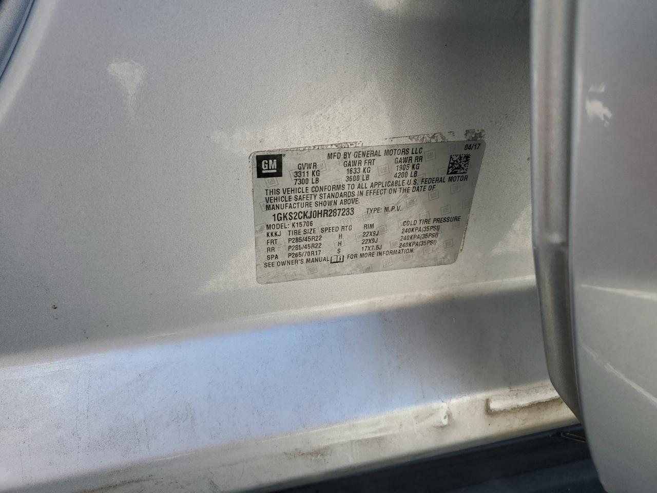 2017 GMC Yukon Denali VIN: 1GKS2CKJ0HR287233 Lot: 87413165