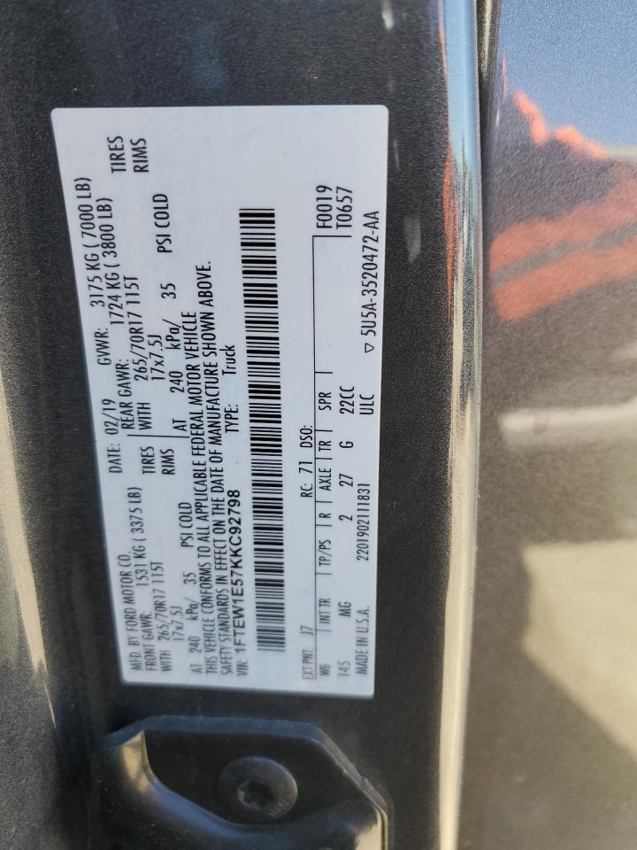 2019 Ford F150 Supercrew VIN: 1FTEW1E57KKC92798 Lot: 90465485