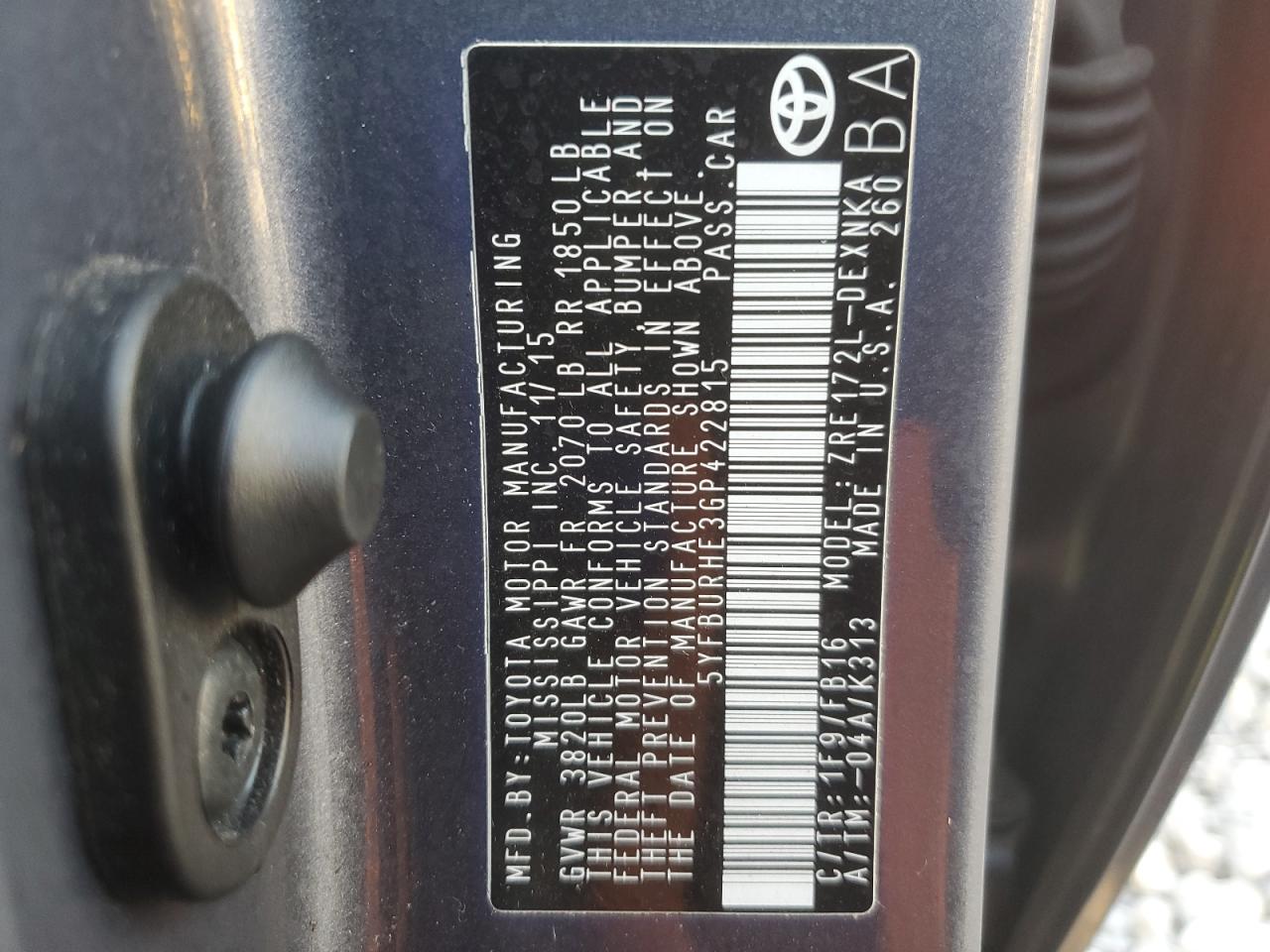 2016 Toyota Corolla L VIN: 5YFBURHE3GP422815 Lot: 85665655