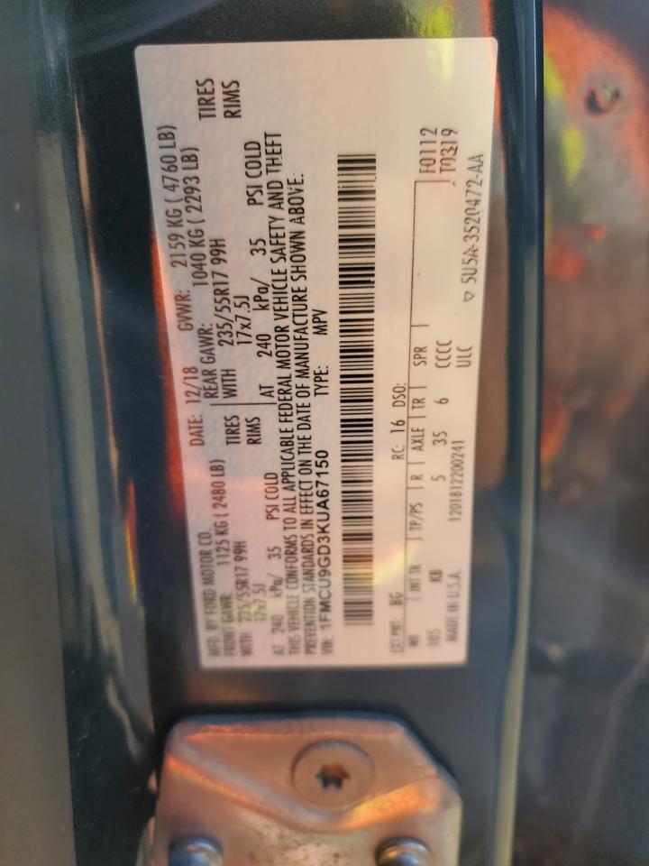 2019 Ford Escape Se VIN: 1FMCU9GD3KUA67150 Lot: 86209905