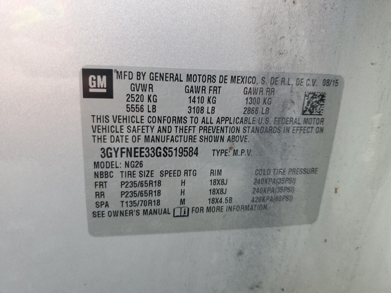 2016 Cadillac Srx Luxury Collection VIN: 3GYFNEE33GS519584 Lot: 85557255