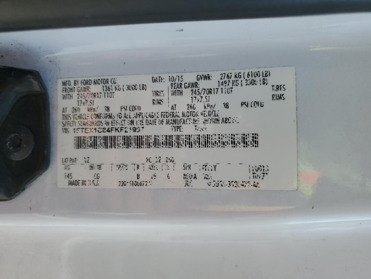 2015 Ford F150 Super Cab VIN: 1FTEX1C84FKF21907 Lot: 89633165