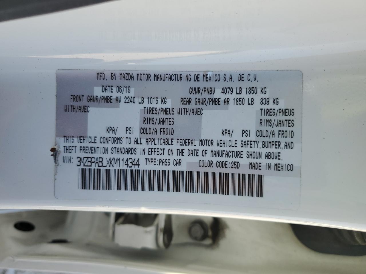 2019 Mazda 3 VIN: 3MZBPABLXKM114344 Lot: 87483185