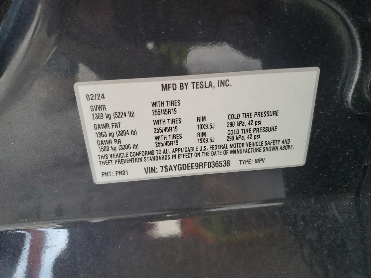 2024 Tesla Model Y VIN: 7SAYGDEE9RF036538 Lot: 85336965