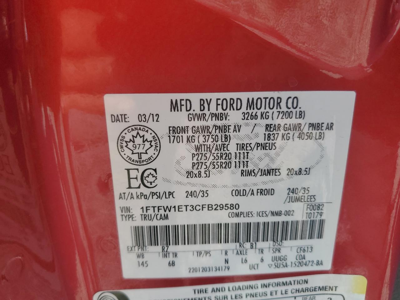 2012 Ford F150 Supercrew VIN: 1FTFW1ET3CFB29580 Lot: 81960185