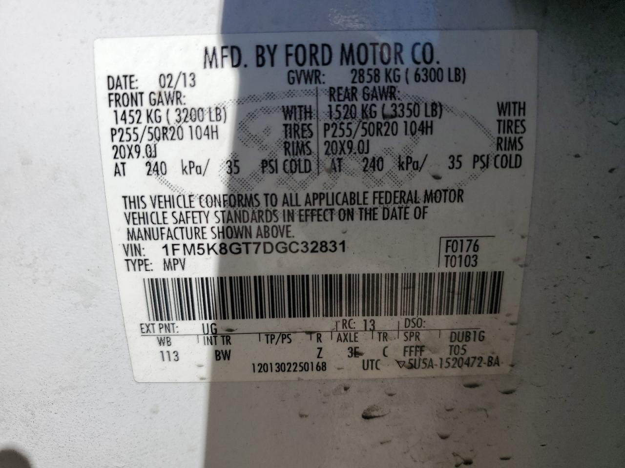 2013 Ford Explorer Sport VIN: 1FM5K8GT7DGC32831 Lot: 85594275