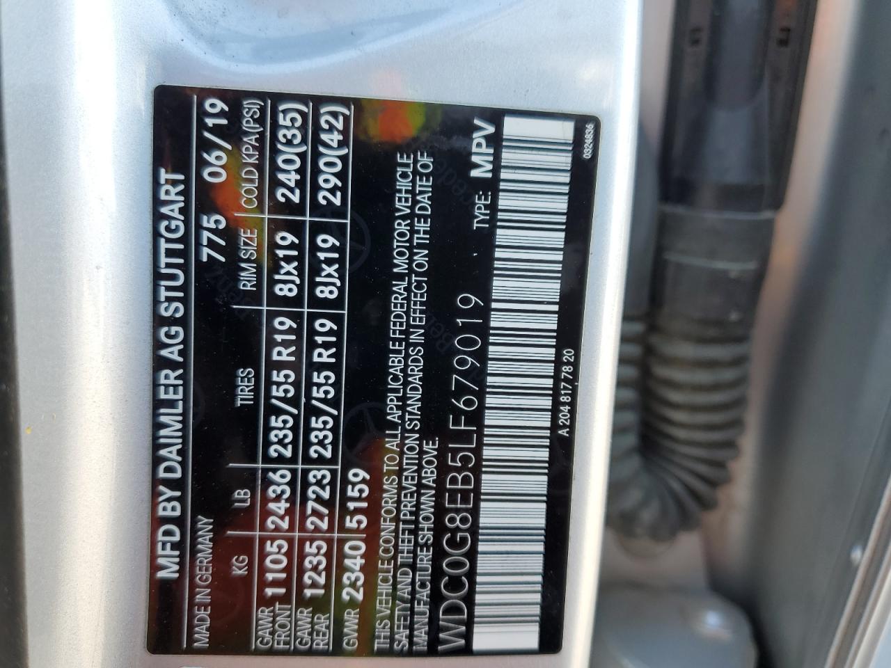 2020 Mercedes-Benz Glc 300 4Matic VIN: WDC0G8EB5LF679019 Lot: 84873765