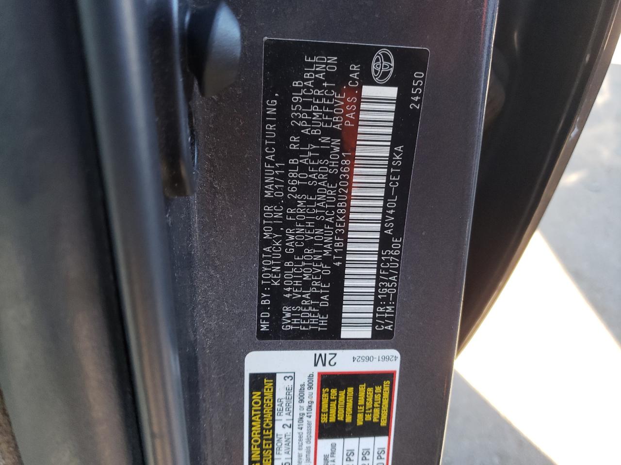 2011 Toyota Camry Base VIN: 4T1BF3EK8BU203681 Lot: 84598045