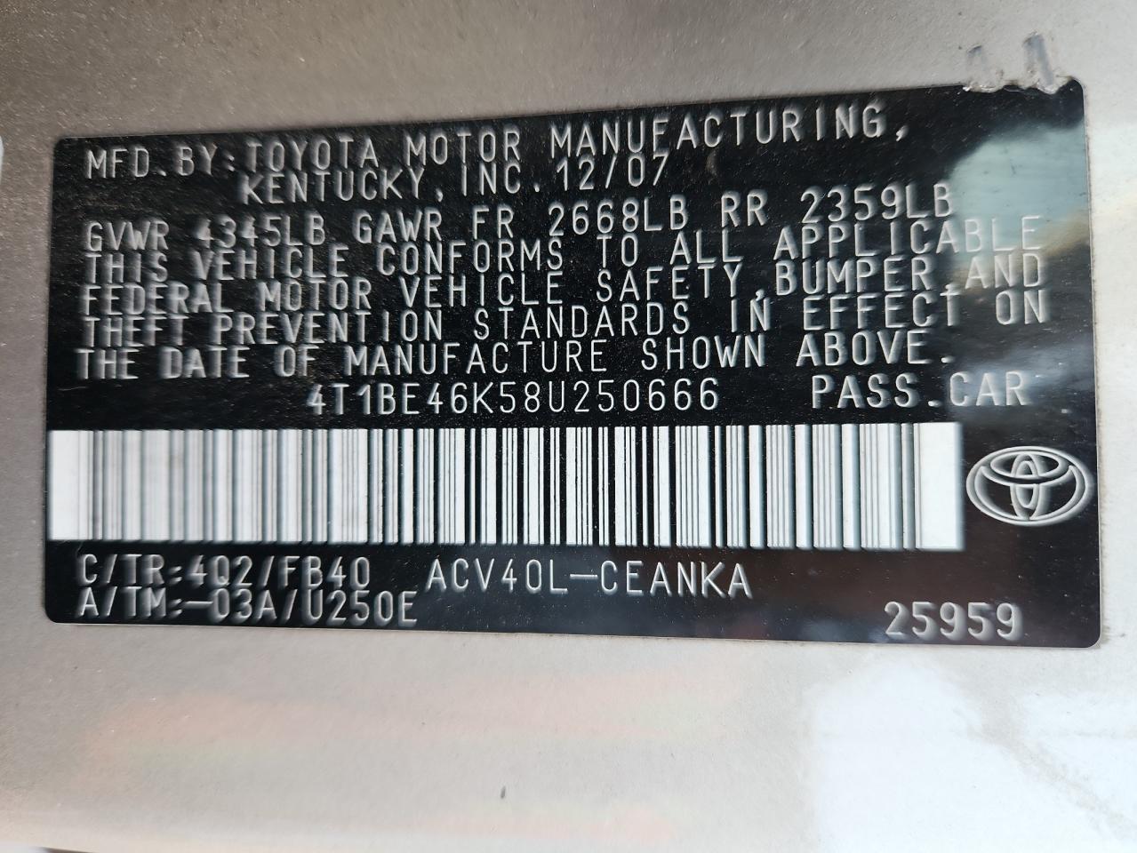 2008 Toyota Camry Ce VIN: 4T1BE46K58U250666 Lot: 87105835