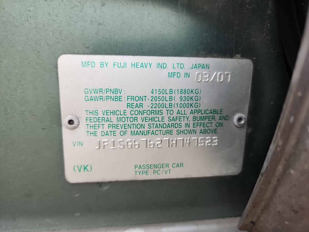 2007 Subaru Forester 2.5X Ll Bean VIN: JF1SG67627H747523 Lot: 85176885