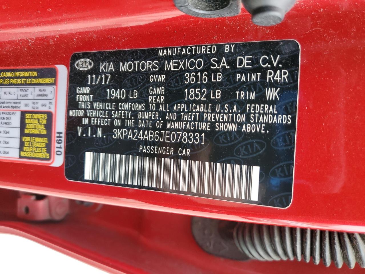 2018 Kia Rio Lx VIN: 3KPA24AB6JE078331 Lot: 90453985