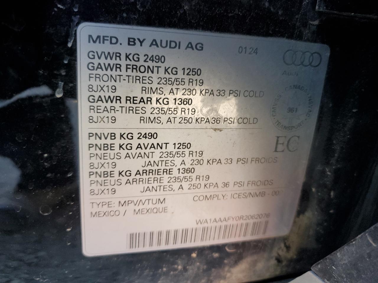 2024 Audi Q5 Komfort 45 VIN: WA1AAAFY0R2062076 Lot: 86789575