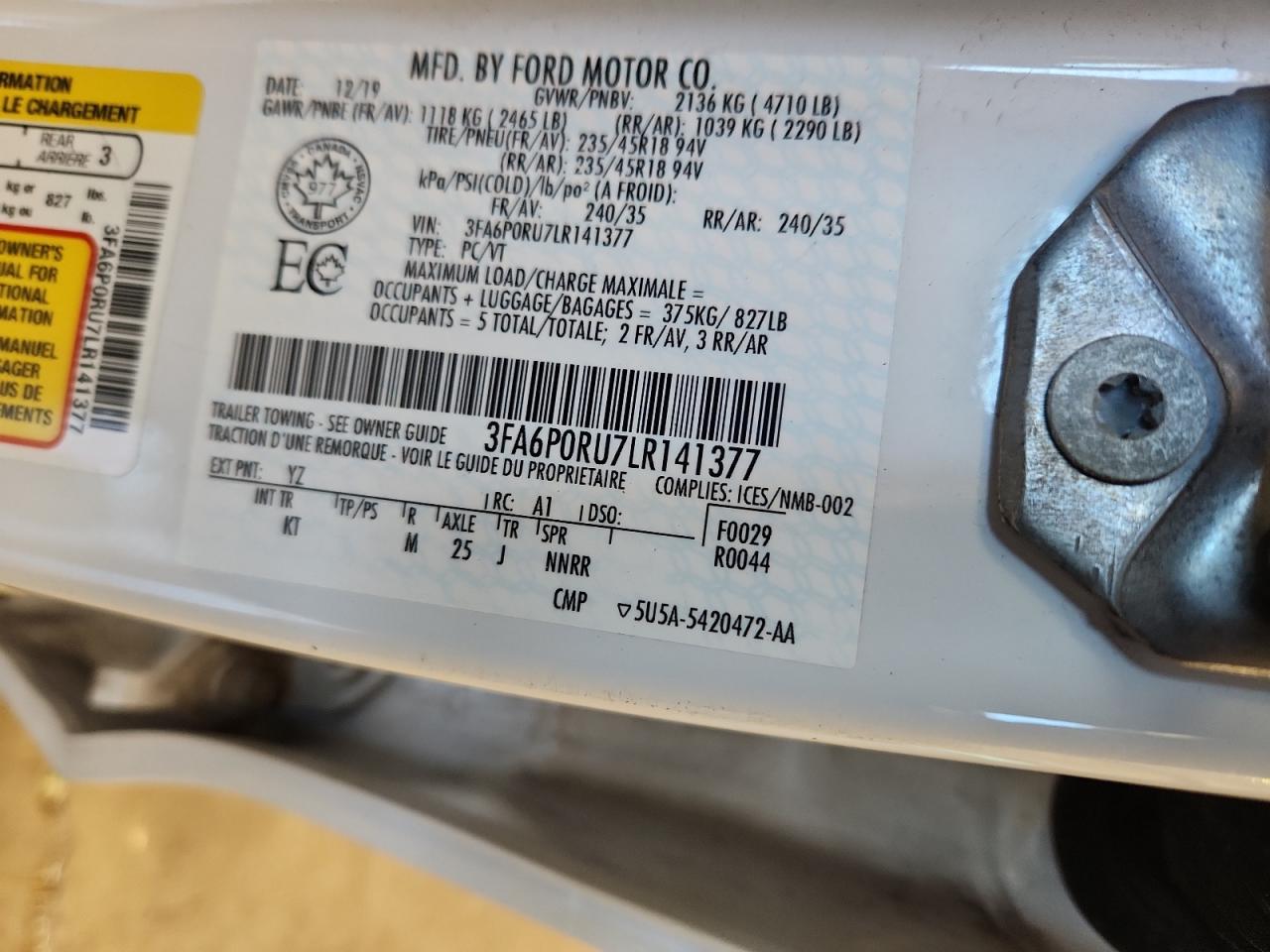 2020 Ford Fusion Titanium VIN: 3FA6P0RU7LR141377 Lot: 81620075