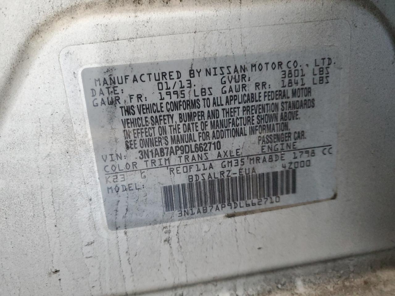 2013 Nissan Sentra S VIN: 3N1AB7AP9DL662710 Lot: 86277645