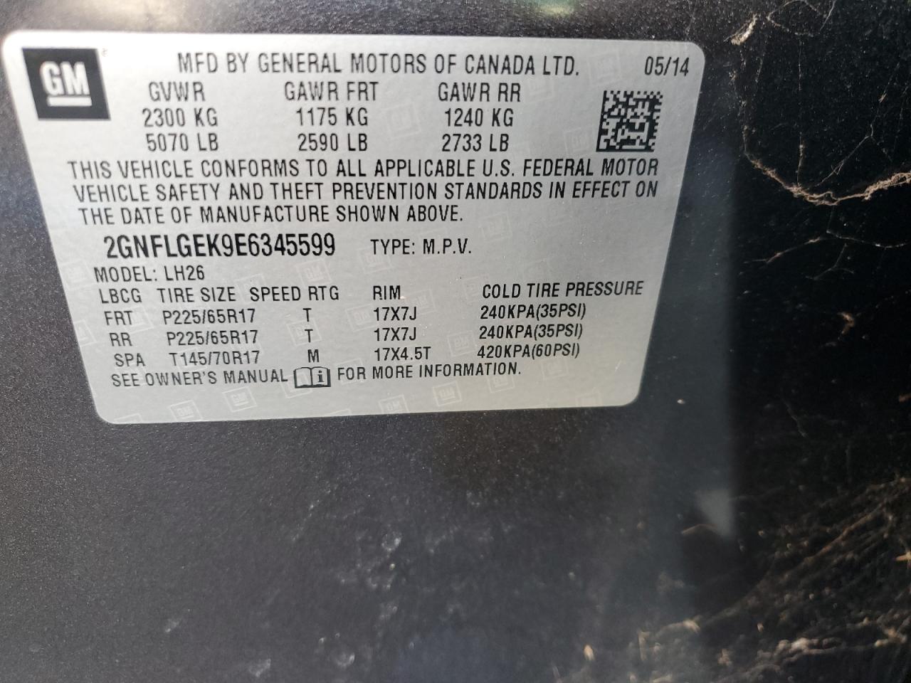 2014 Chevrolet Equinox Lt VIN: 2GNFLGEK9E6345599 Lot: 84056905