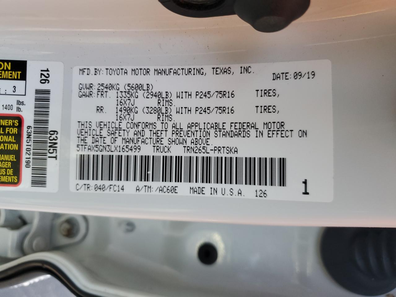 2020 Toyota Tacoma Double Cab VIN: 5TFAX5GN3LX165499 Lot: 84973885