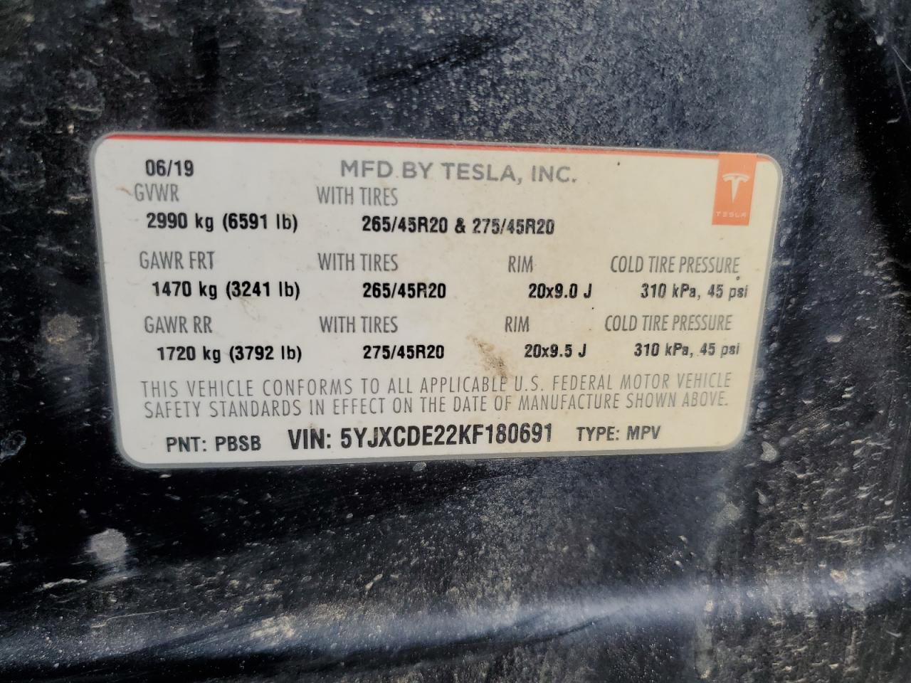 2019 Tesla Model X VIN: 5YJXCDE22KF180691 Lot: 84969745