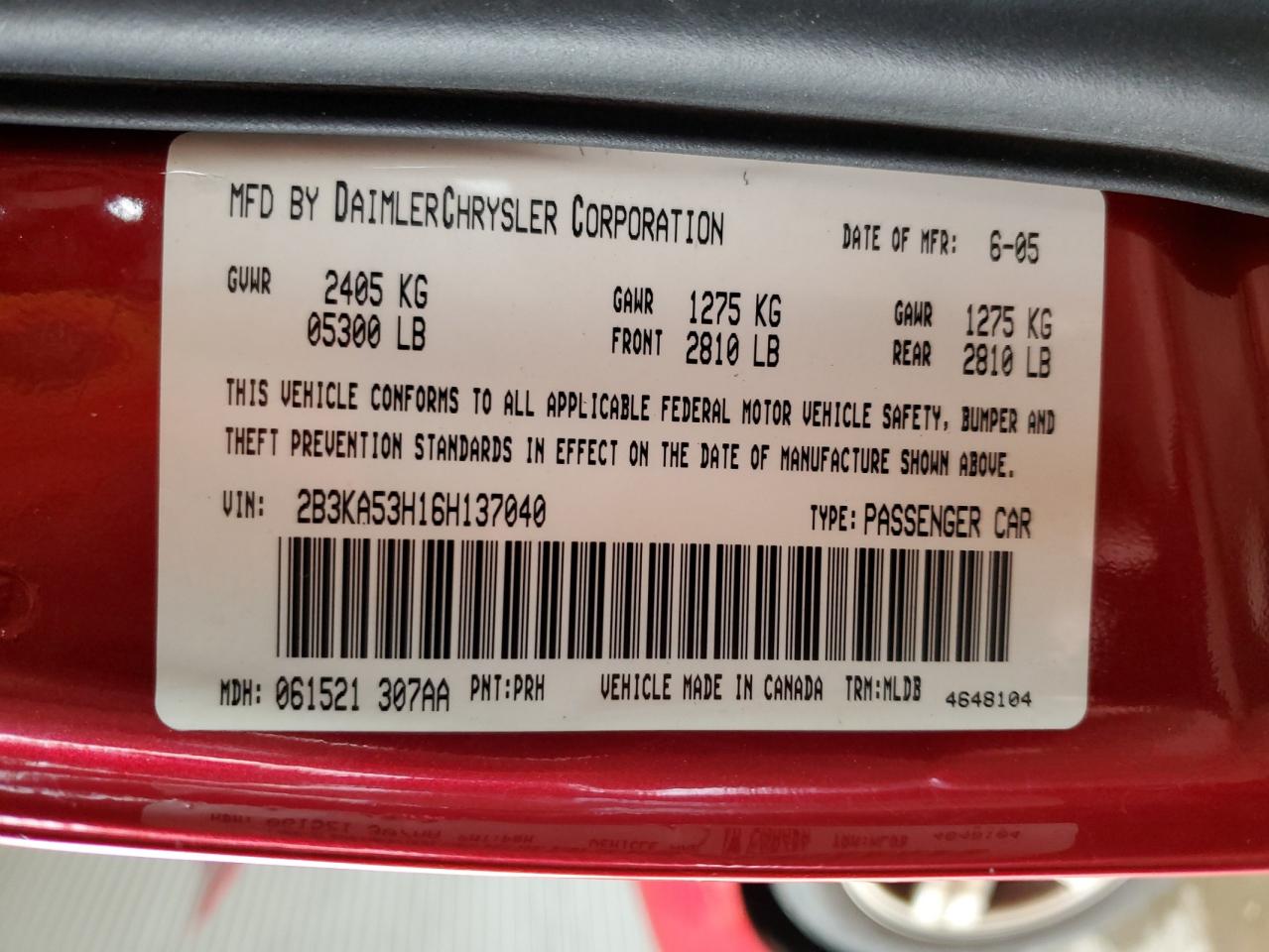 2006 Dodge Charger R/T VIN: 2B3KA53H16H137040 Lot: 85826335