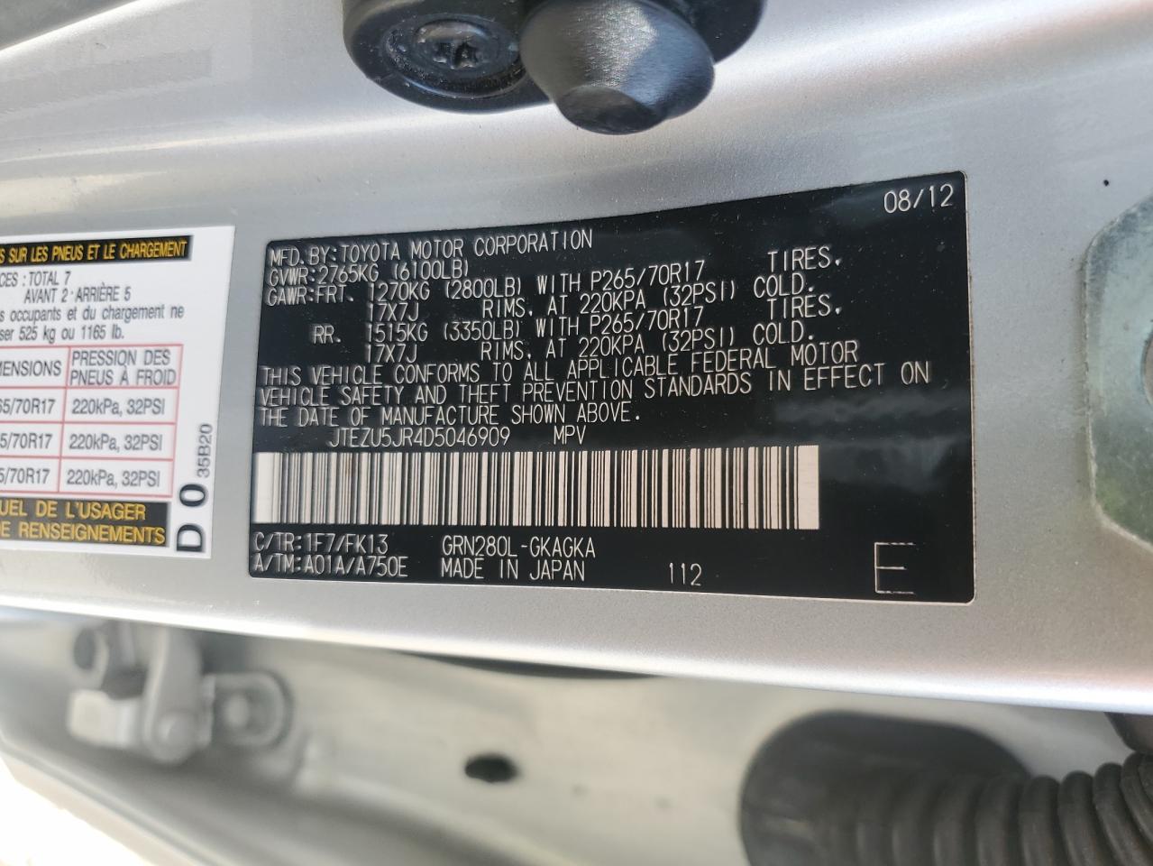 2013 Toyota 4Runner Sr5 VIN: JTEZU5JR4D5046909 Lot: 85750485