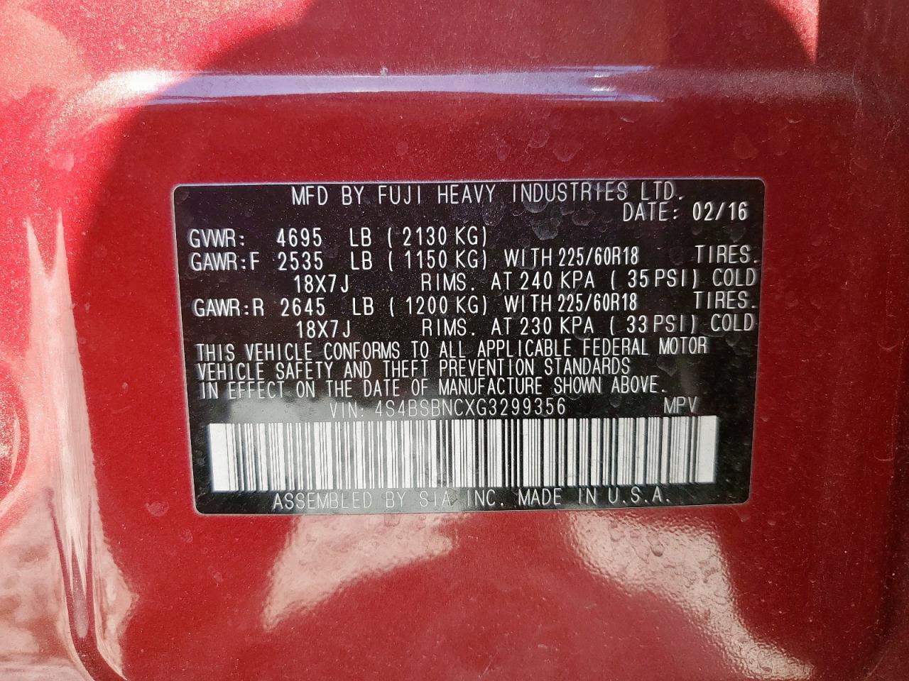 2016 Subaru Outback 2.5I Limited VIN: 4S4BSBNCXG3299356 Lot: 85896925