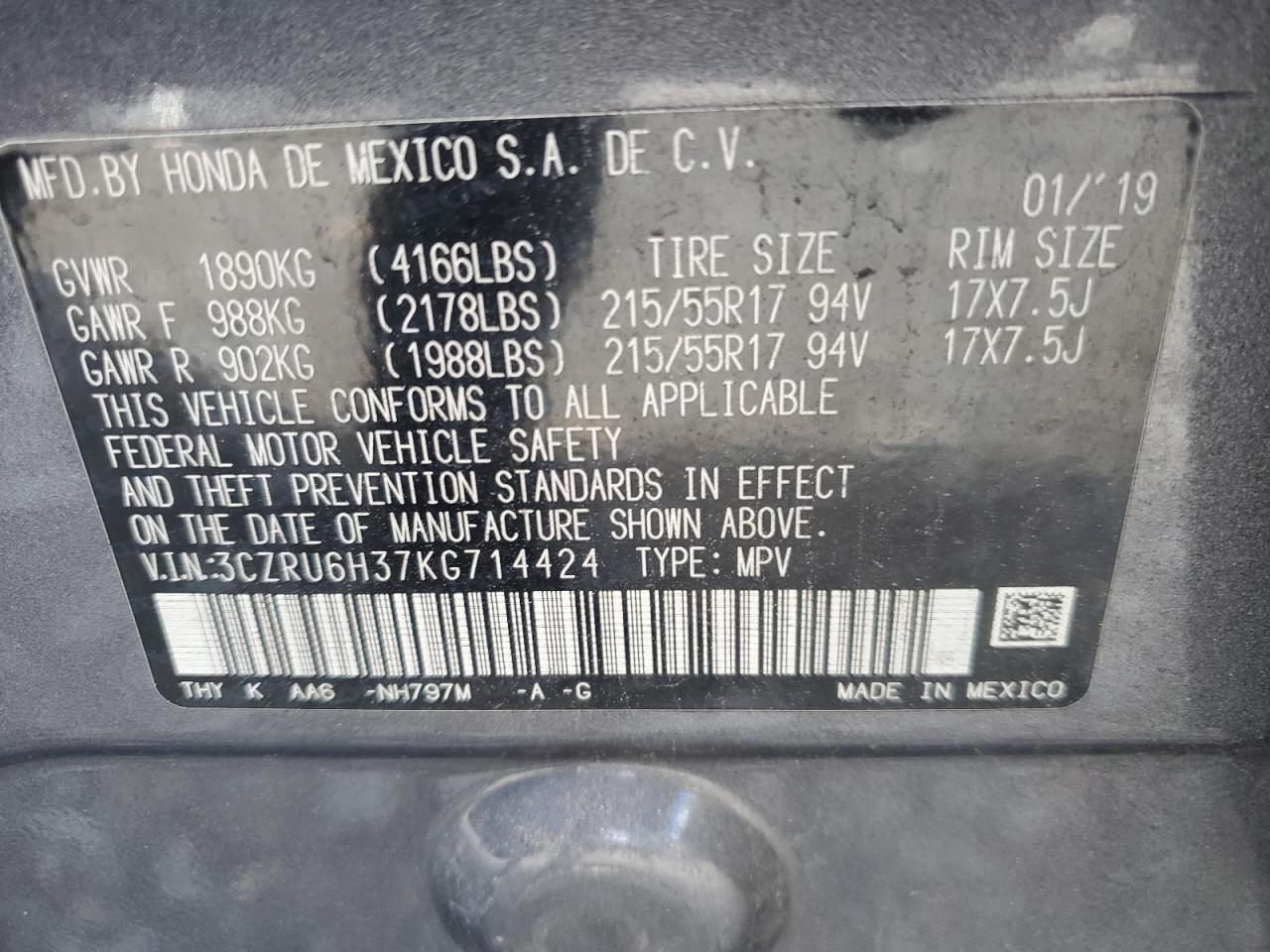 2019 Honda Hr-V Lx VIN: 3CZRU6H37KG714424 Lot: 85695395