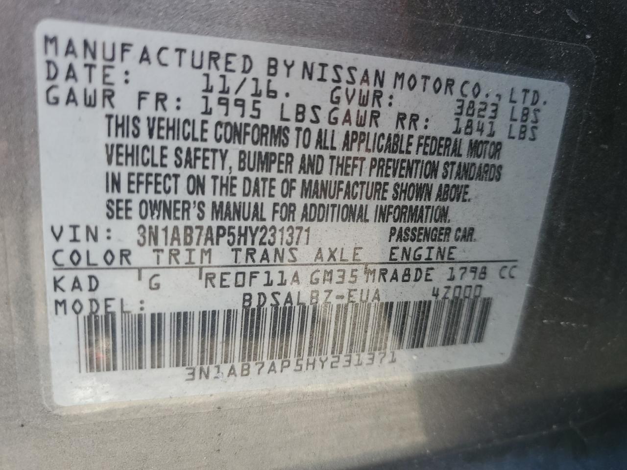 2017 Nissan Sentra S VIN: 3N1AB7AP5HY231371 Lot: 85357605