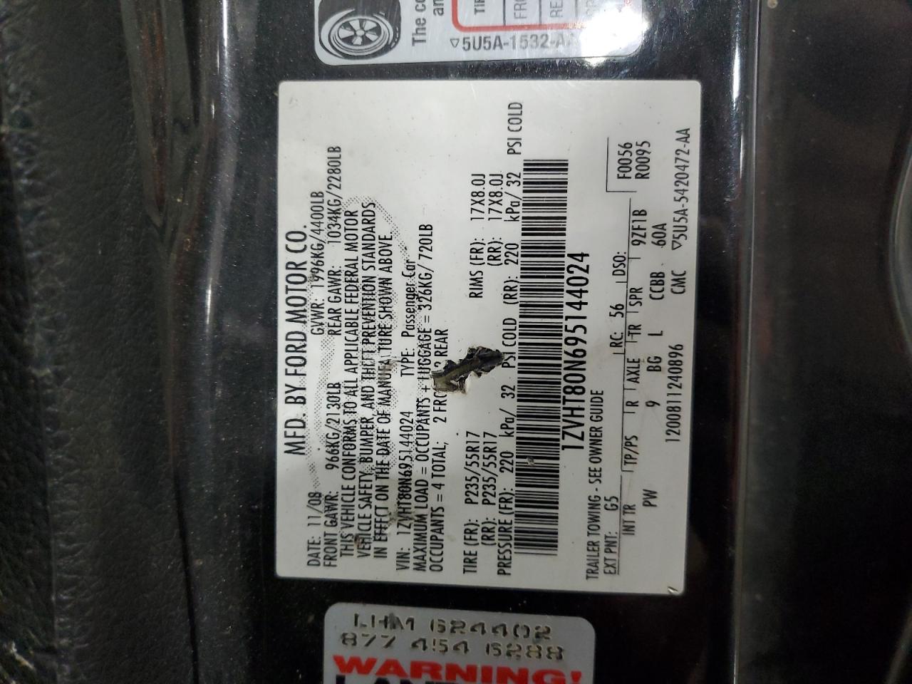 2009 Ford Mustang VIN: 1ZVHT80N695144024 Lot: 90619515