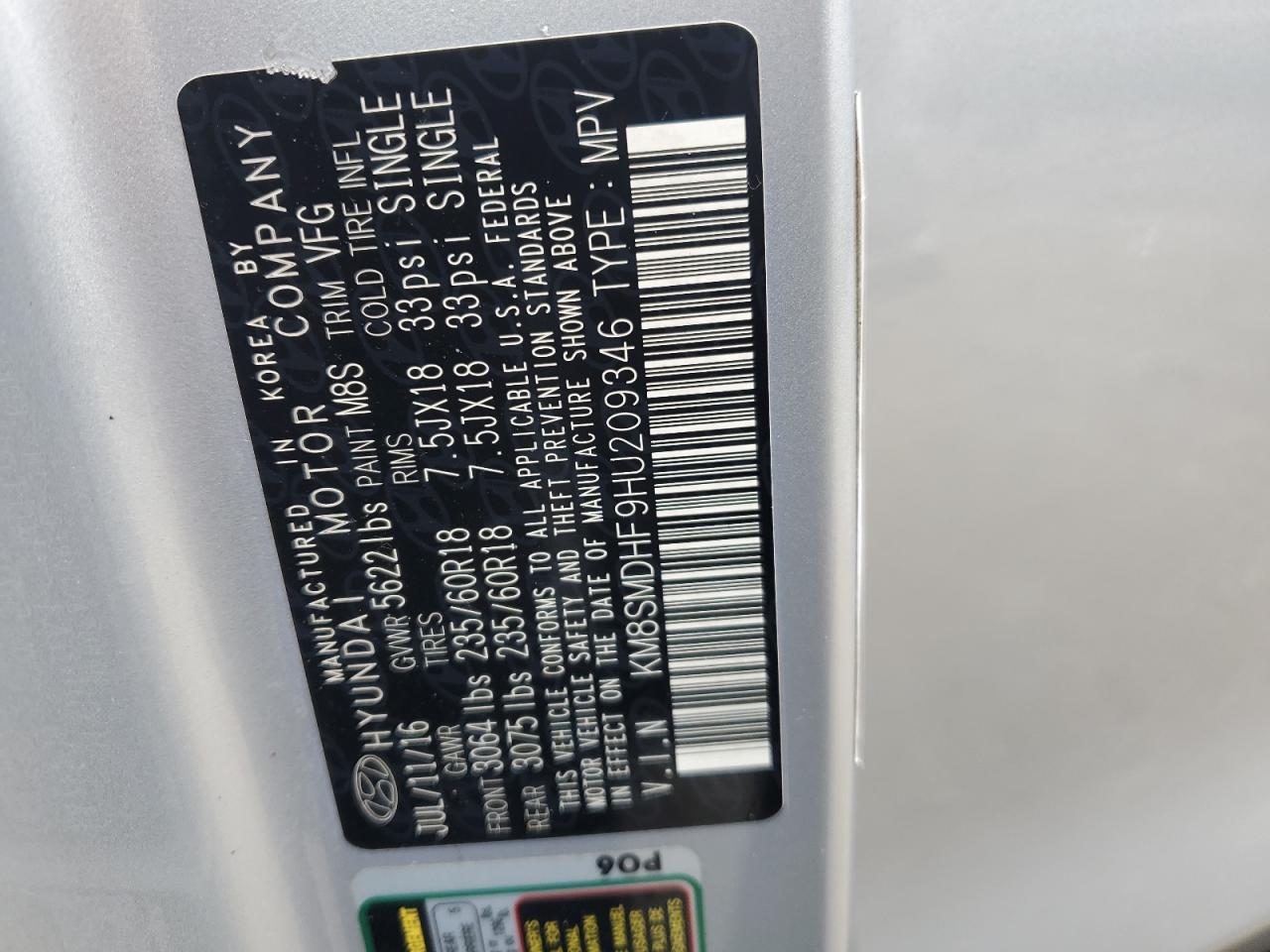 2017 Hyundai Santa Fe Se VIN: KM8SMDHF9HU209346 Lot: 82299445