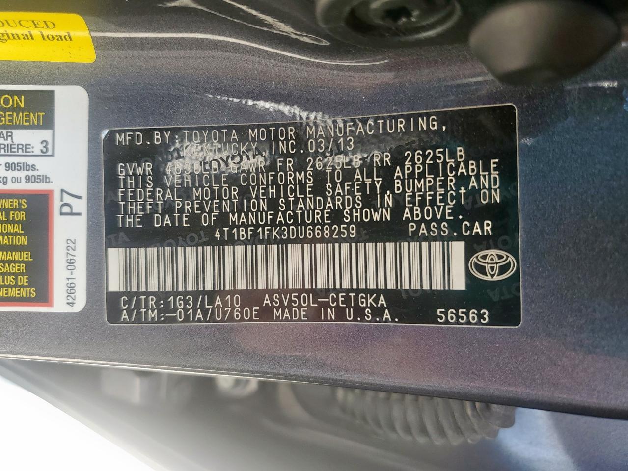 2013 Toyota Camry L VIN: 4T1BF1FK3DU668259 Lot: 85930455