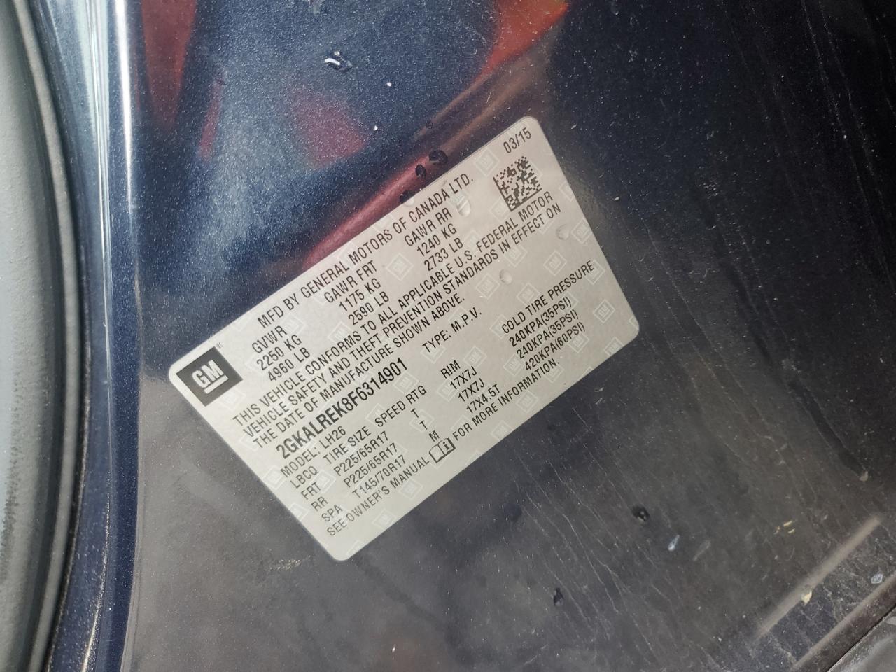 2015 GMC Terrain Sle VIN: 2GKALREK8F6314901 Lot: 90509595