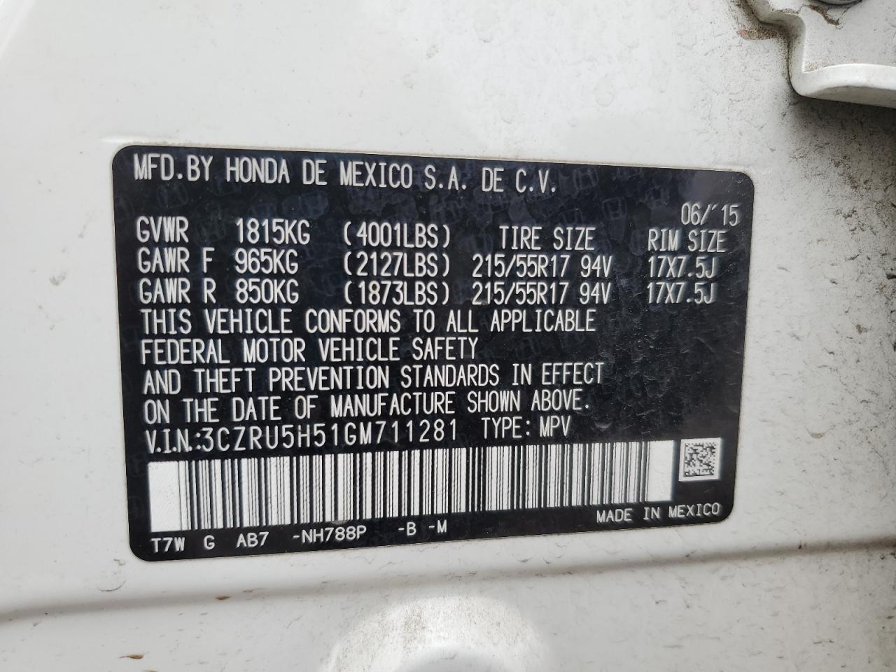 2016 Honda Hr-V Ex VIN: 3CZRU5H51GM711281 Lot: 85523215