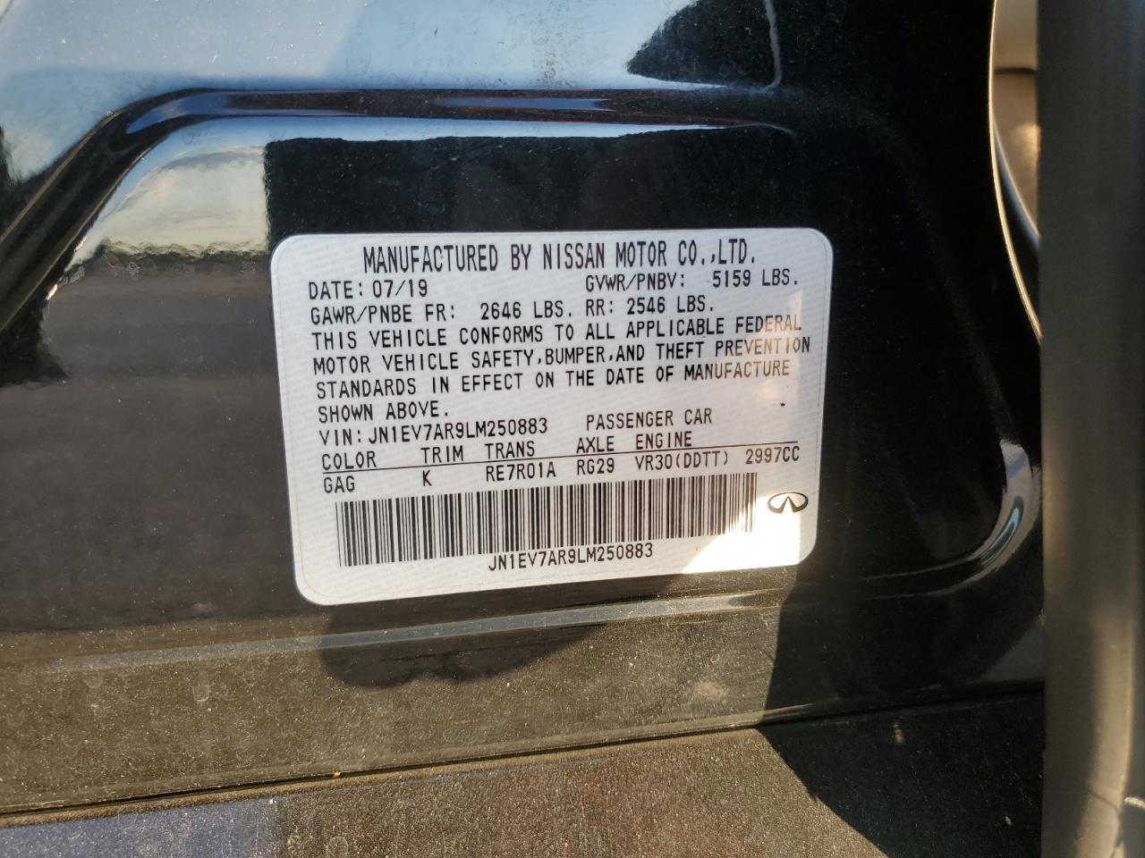 2020 Infiniti Q50 Pure VIN: JN1EV7AR9LM250883 Lot: 90909525