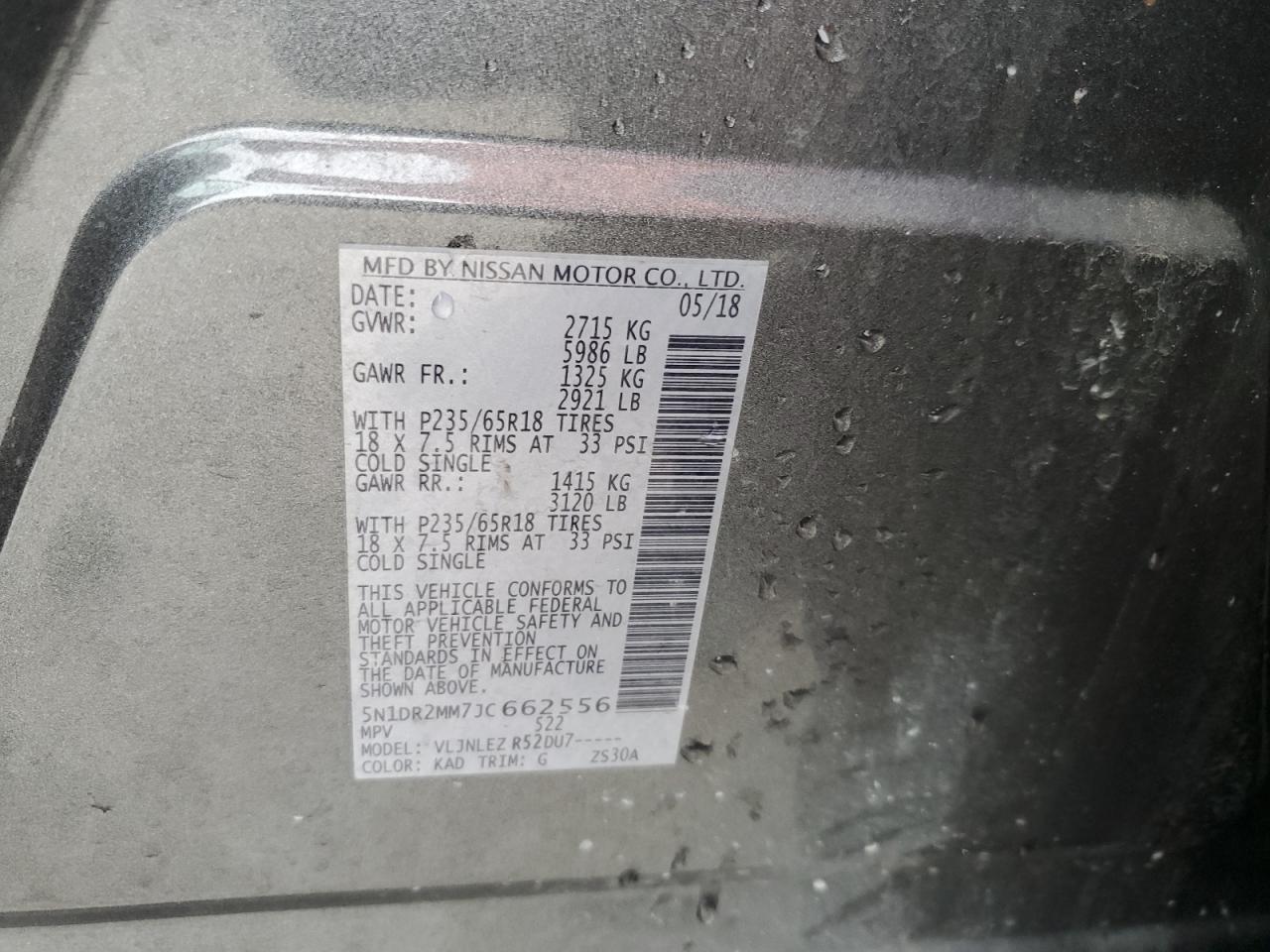 2018 Nissan Pathfinder S VIN: 5N1DR2MM7JC662556 Lot: 86334945