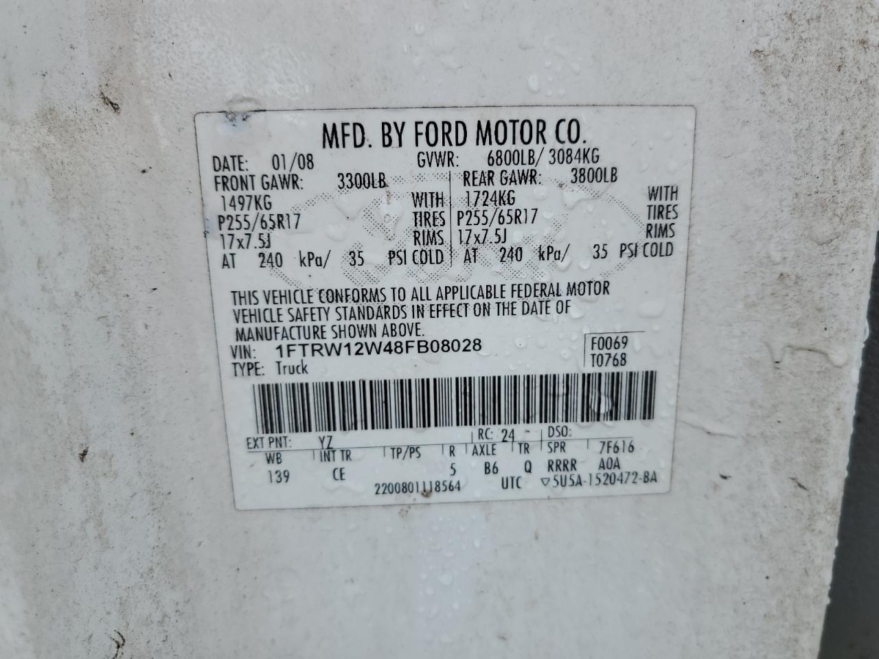 2008 Ford F150 Supercrew VIN: 1FTRW12W48FB08028 Lot: 85556075