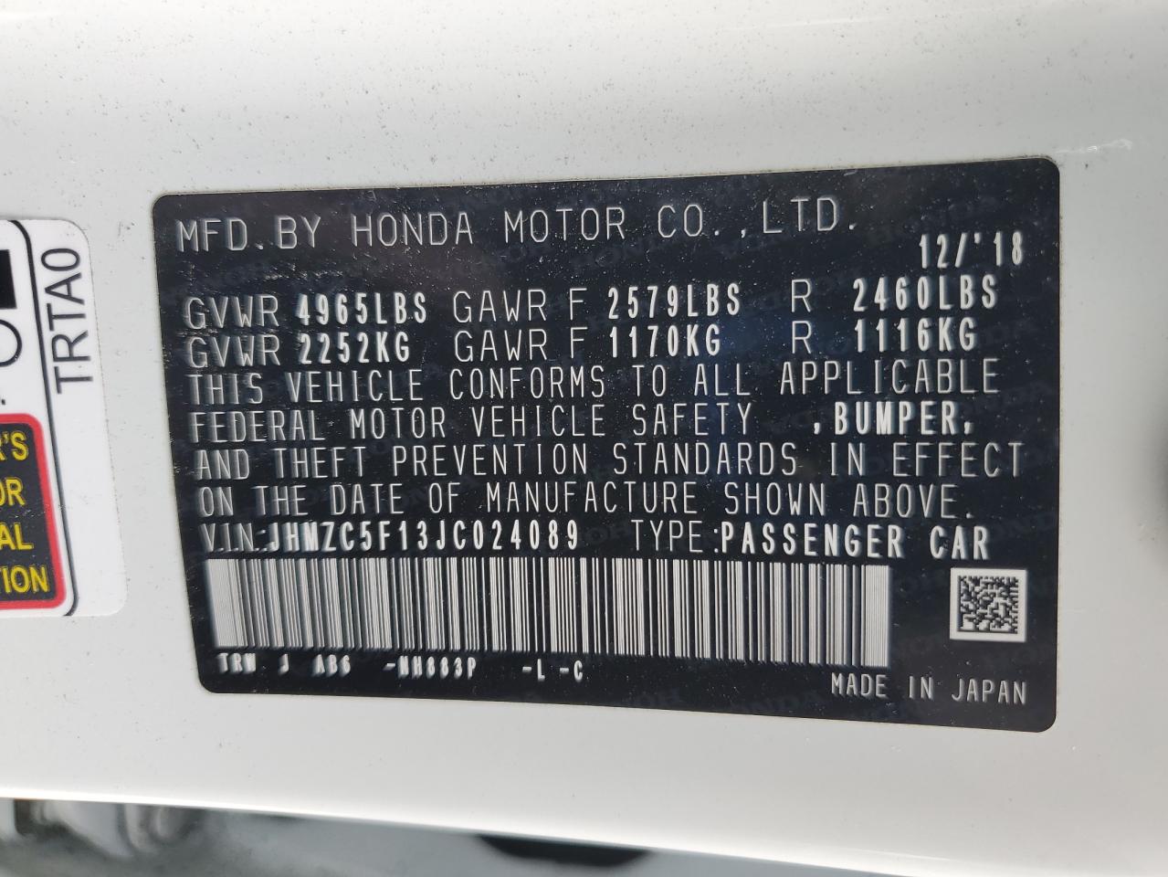 2018 Honda Clarity VIN: JHMZC5F13JC024089 Lot: 82374535