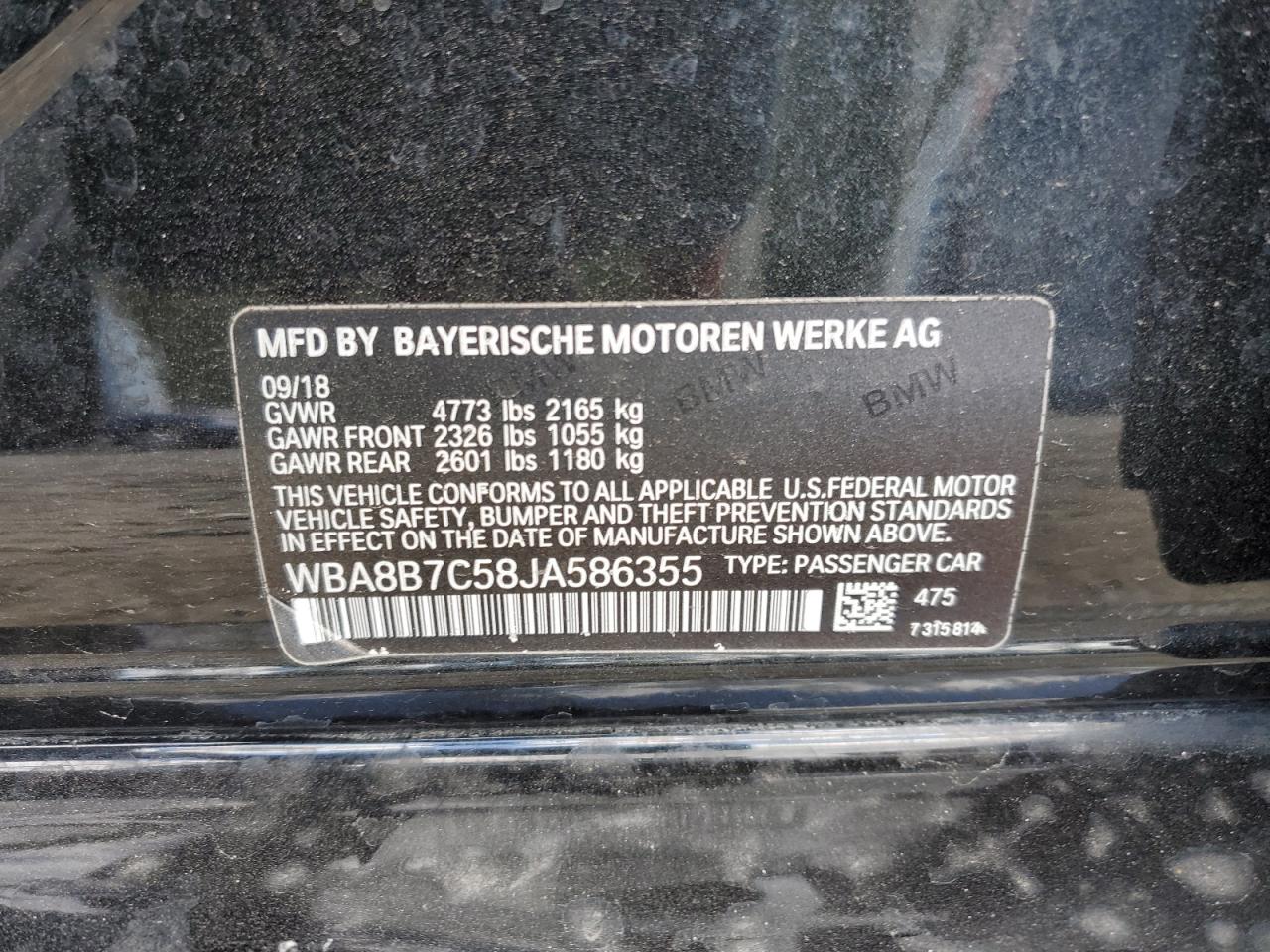 2018 BMW 340 Xi VIN: WBA8B7C58JA586355 Lot: 86307765