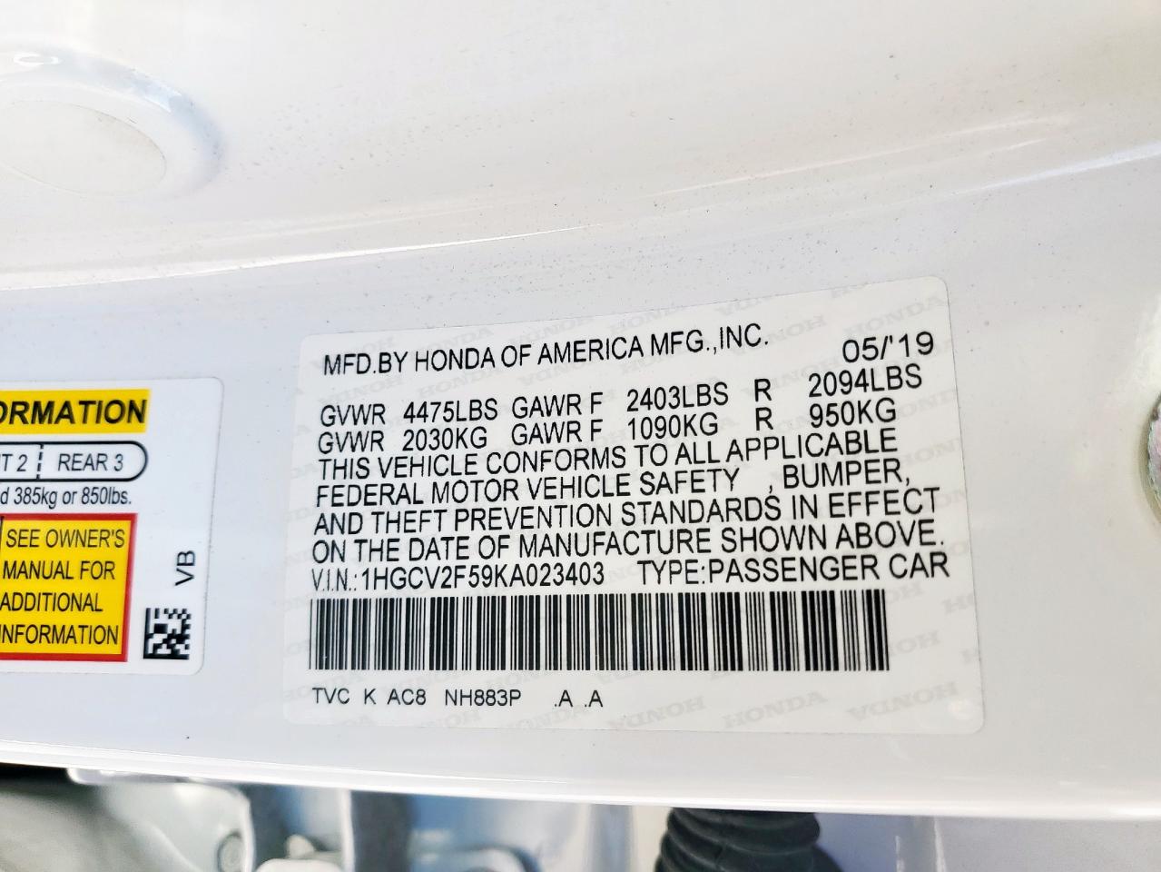 2019 Honda Accord Exl VIN: 1HGCV2F59KA023403 Lot: 82298575