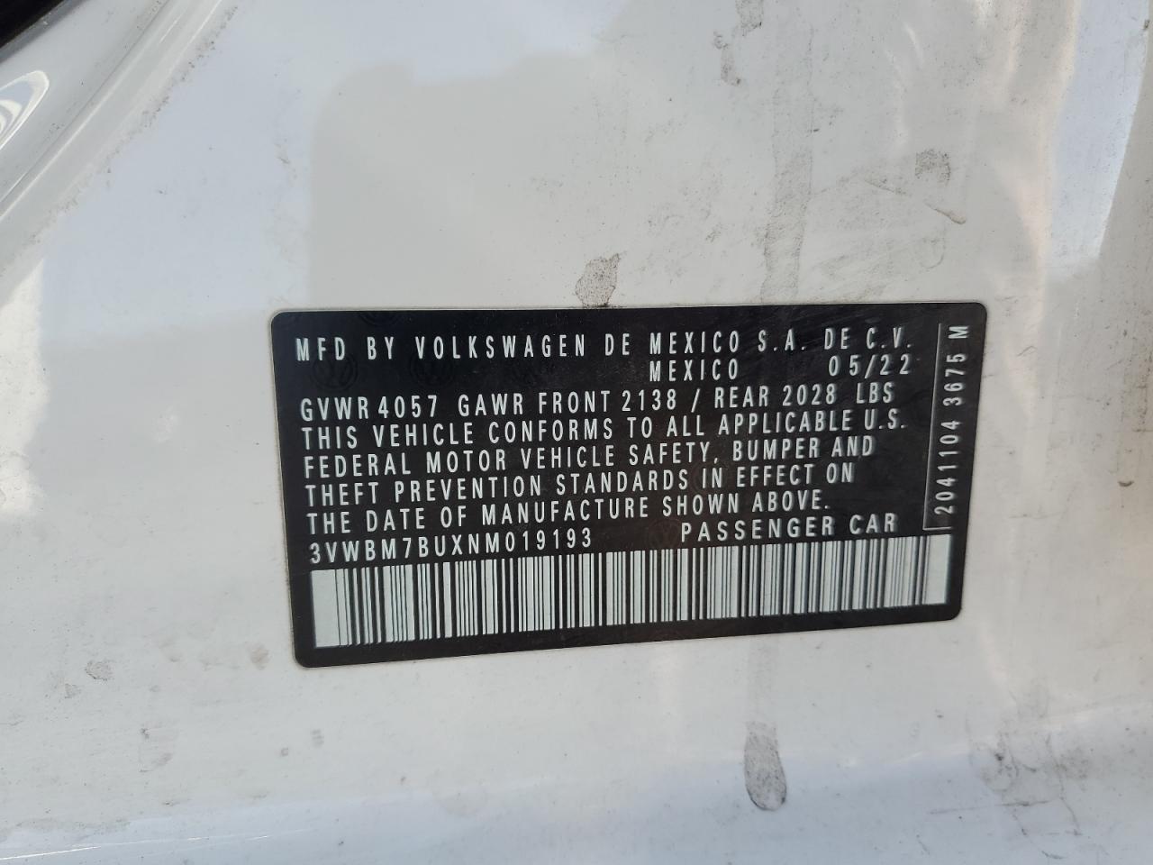 2022 Volkswagen Jetta Sport VIN: 3VWBM7BUXNM019193 Lot: 89934705