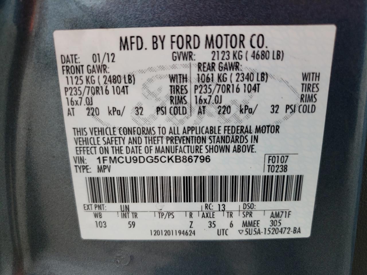 2012 Ford Escape Xlt VIN: 1FMCU9DG5CKB86796 Lot: 85643345