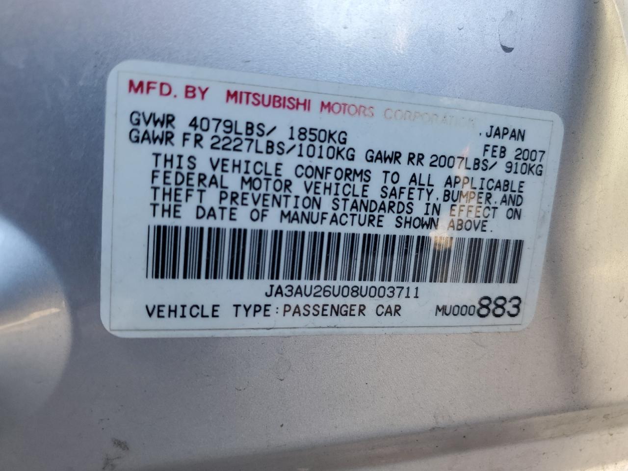 2008 Mitsubishi Lancer Es VIN: JA3AU26U08U003711 Lot: 85122875