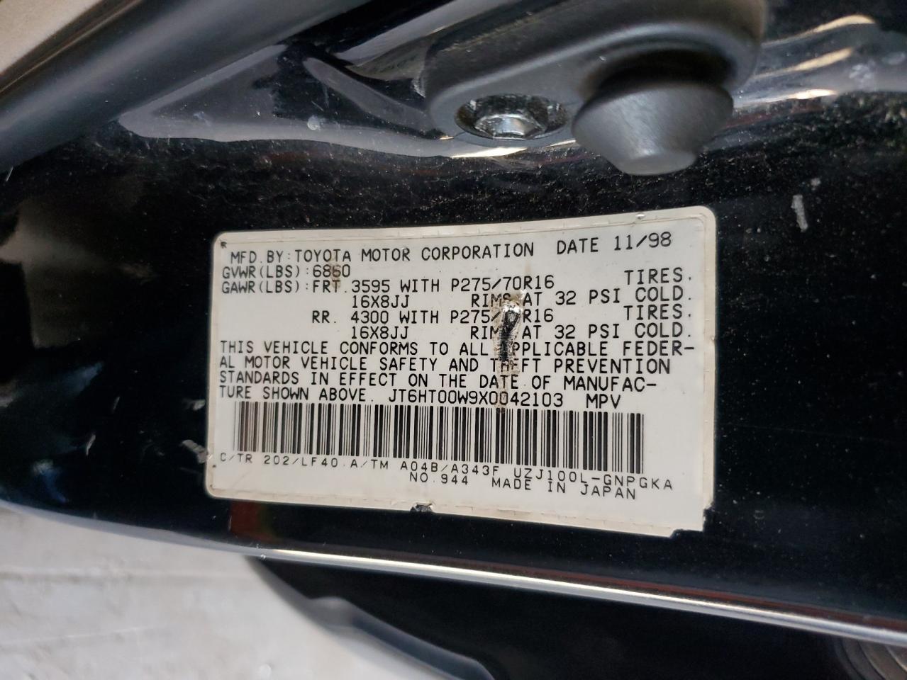 1999 Lexus Lx 470 VIN: JT6HT00W9X0042103 Lot: 89516065