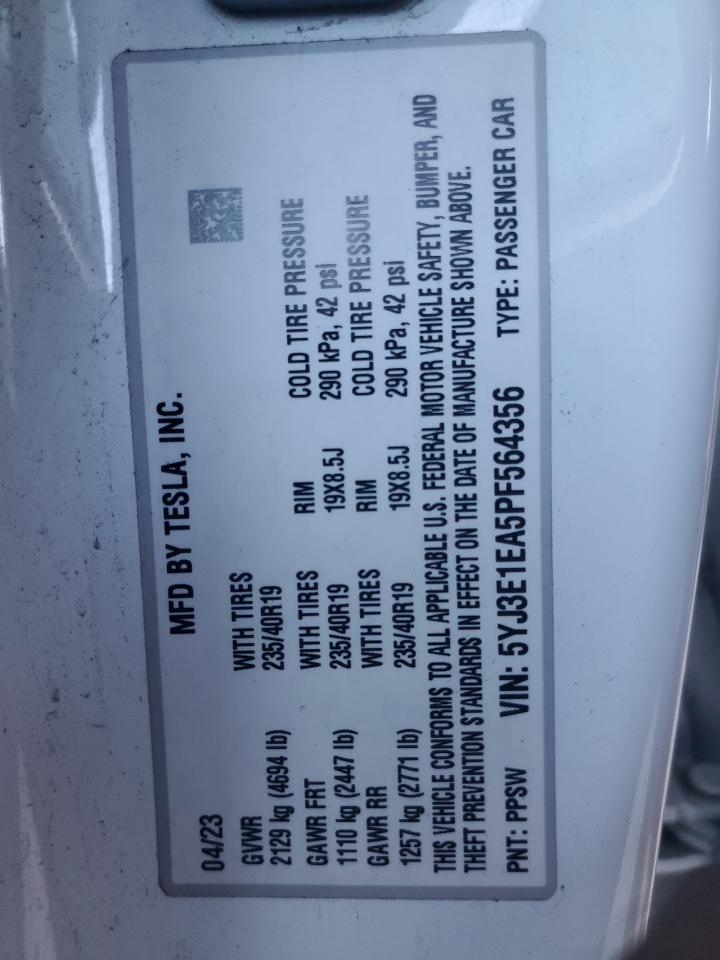 2023 Tesla Model 3 VIN: 5YJ3E1EA5PF564356 Lot: 86085395