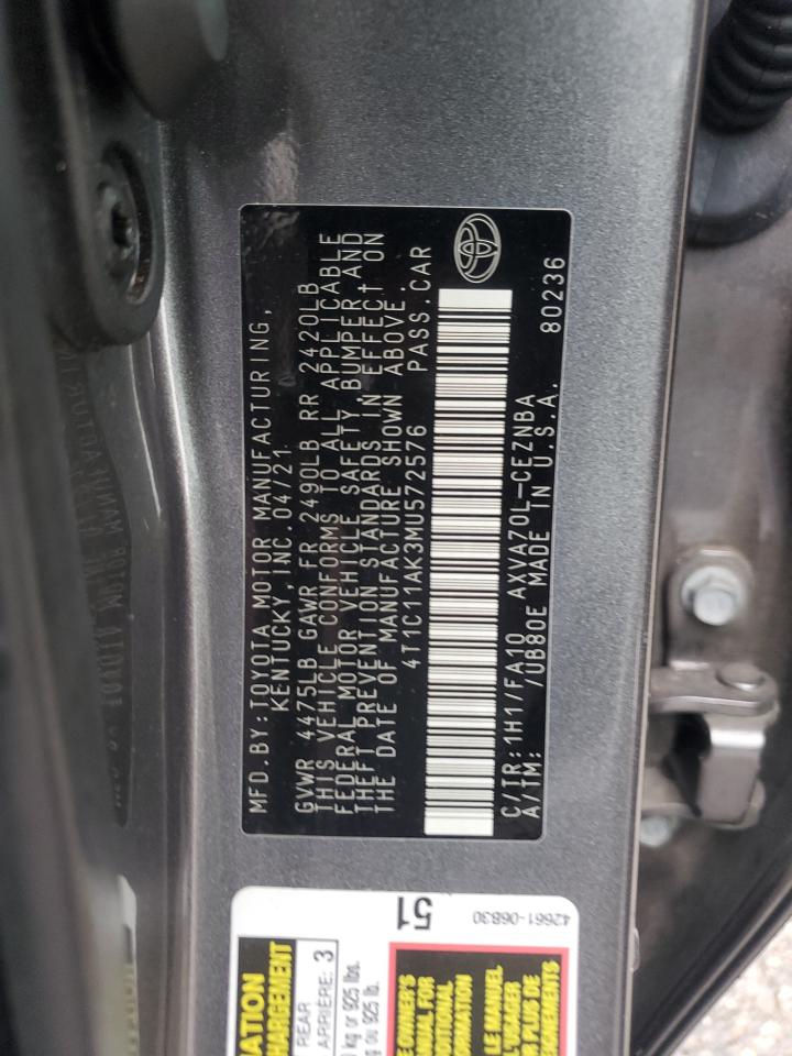 2021 Toyota Camry Le VIN: 4T1C11AK3MU572576 Lot: 84660395