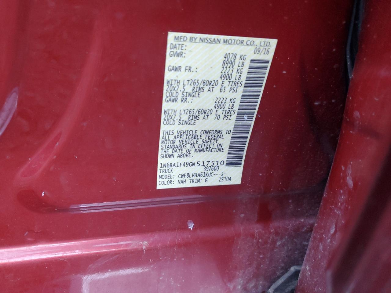 2016 Nissan Titan Xd Sl VIN: 1N6BA1F49GN517510 Lot: 85325485