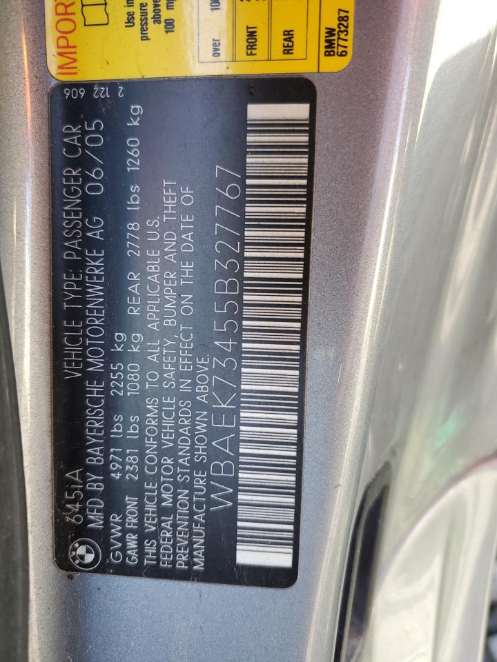 2005 BMW 645 Ci Automatic VIN: WBAEK73455B327767 Lot: 87402775