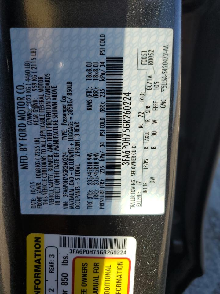 2016 Ford Fusion Se VIN: 3FA6P0H75GR260224 Lot: 85322555